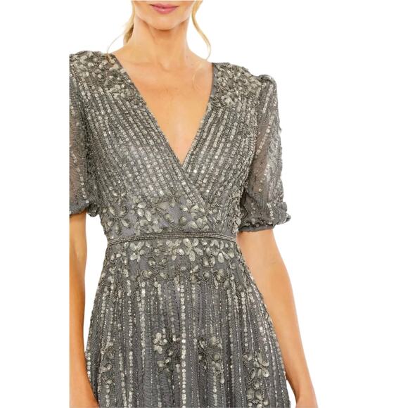 MAC DUGGAL Gray Puff Quarter Length Sleeve V-Neck Dress Style# 5995 - Picture 3 of 3